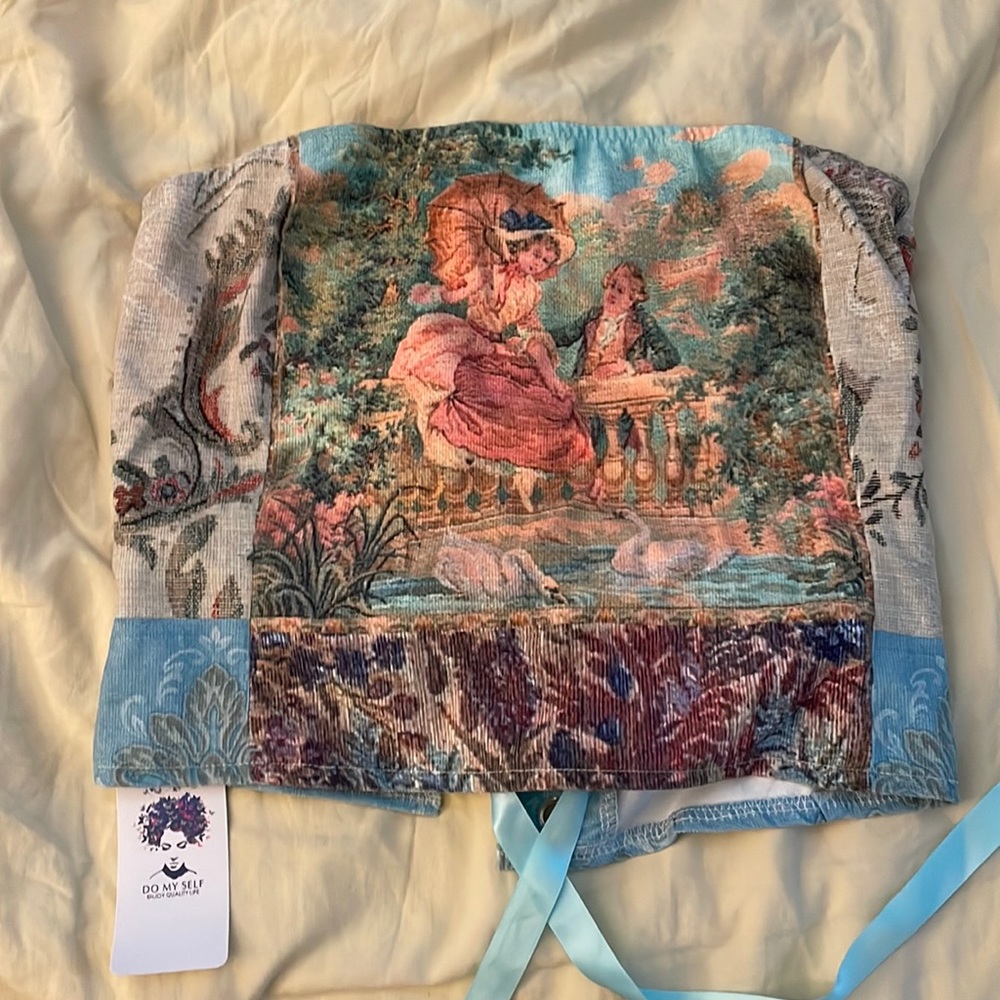 Unique tapestry style crop lace-up corset